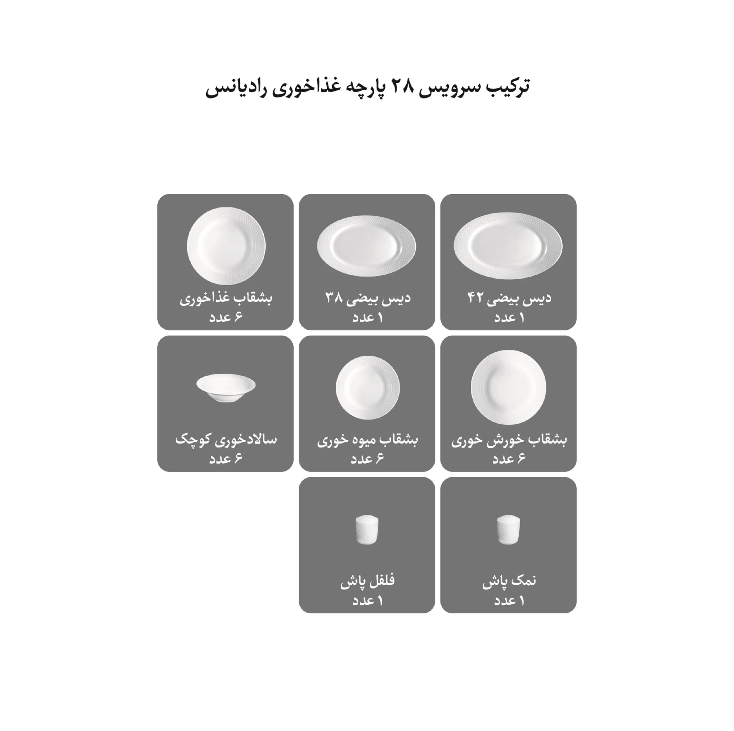 سرویس غذاخوری 28 پارچه چینی زرین ایران مدل رادیانس سپینود درجه یک — تصویر ۳