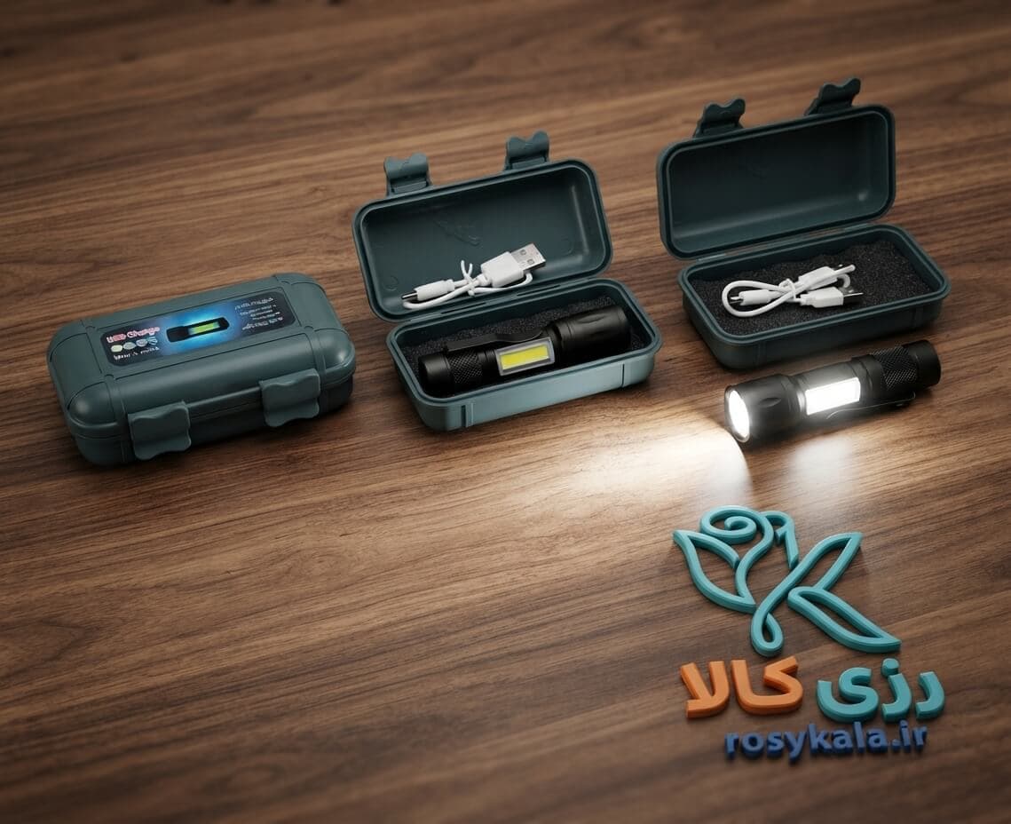 مینی چراغ قوه شارژی جیبی مدل XPE+COB به همراه جعبه محافظ ضد آب