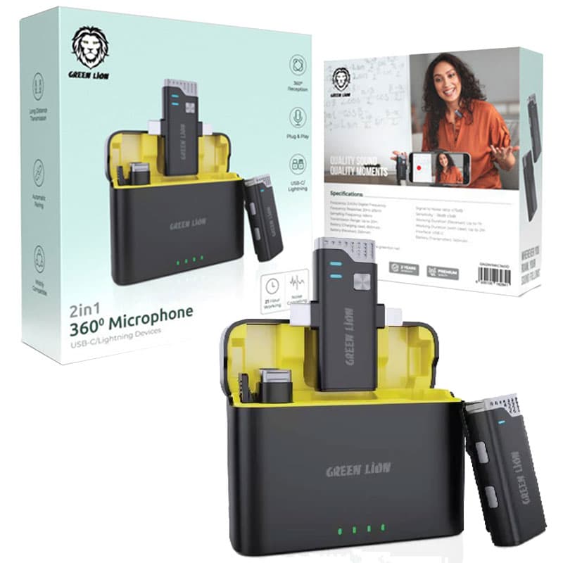 میکروفن یقه ای بیسیم شارژی 2عددی بهمراه کیس شارژ 360 Green Lion Lightning،TypeC