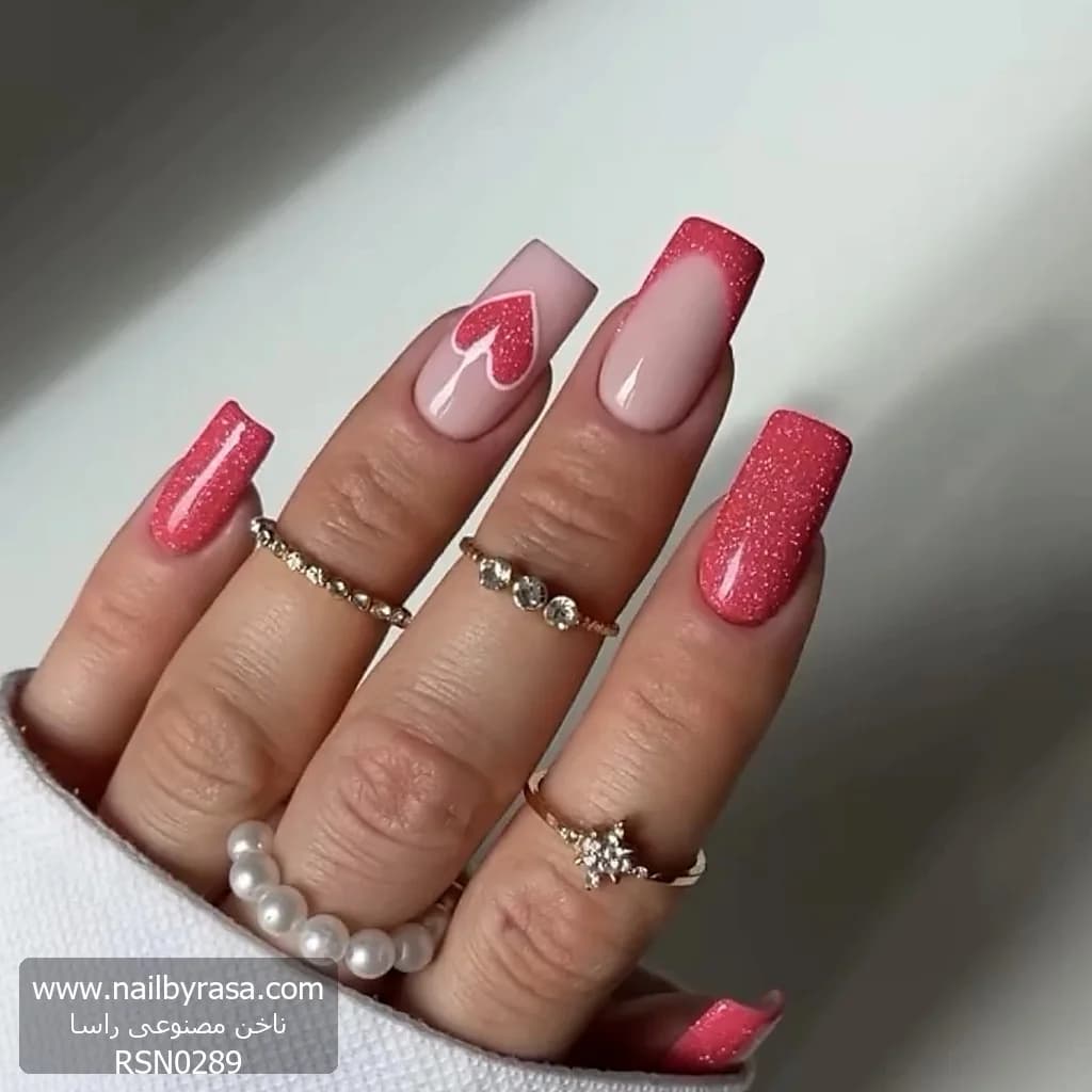 ناخن مصنوعی طرح قلب شاین رنگ صورتی اکلیلی راسا – RSN0289