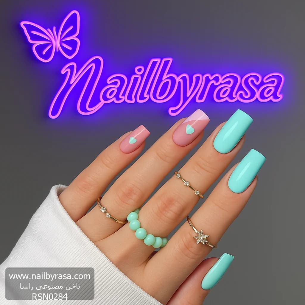 ناخن مصنوعی طرح قلب و فرنچ کج رنگ سبز آبی پاستیلی راسا – RSN0284 — تصویر ۳