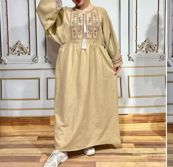 پیراهن ساحلی مانتویی کفتان لینن گلدوزی طرح کیمینو/کد586 — تصویر ۷