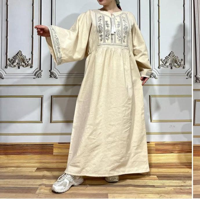 پیراهن ساحلی مانتویی کفتان لینن گلدوزی طرح کیمینو/کد586 — تصویر ۸