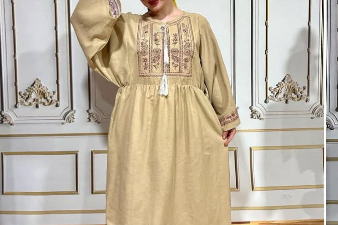 پیراهن ساحلی مانتویی کفتان لینن گلدوزی طرح کیمینو/کد586