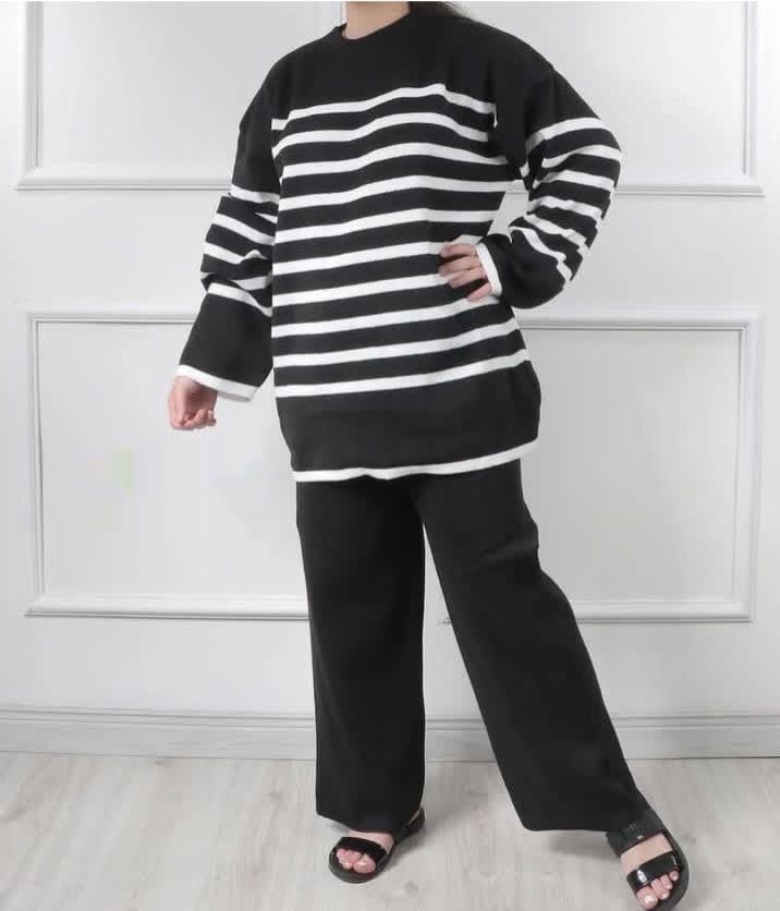 ست بافت زنانه راه راه قواره دار گرم بالا/کد455 — تصویر ۸