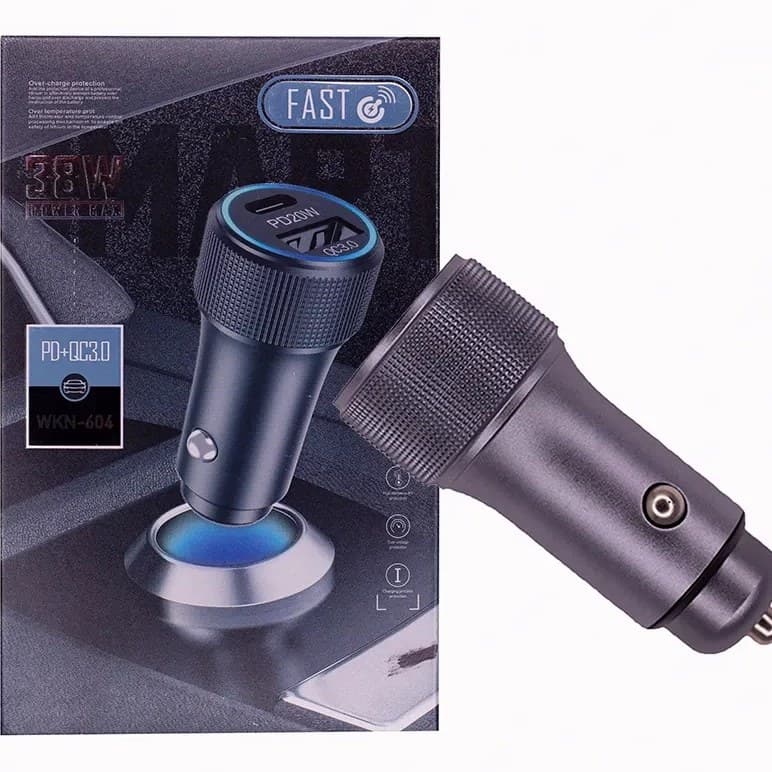 شارژر فندکی FAST مدل WKN-604 با توان ۳۸ وات PD و خروجی‌های Type-C و USB-A