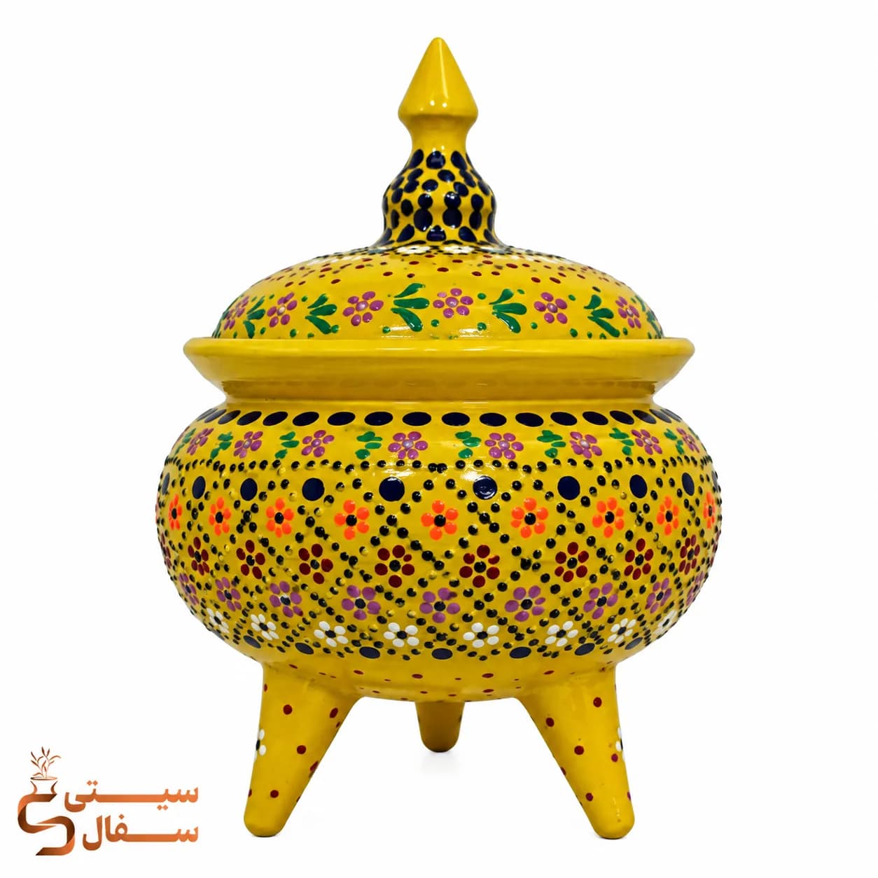 آجیل خوری سه پایه نقطه کوبی شده بزرگ (رنگ زرد خردلی، درب دار و ضد آب)