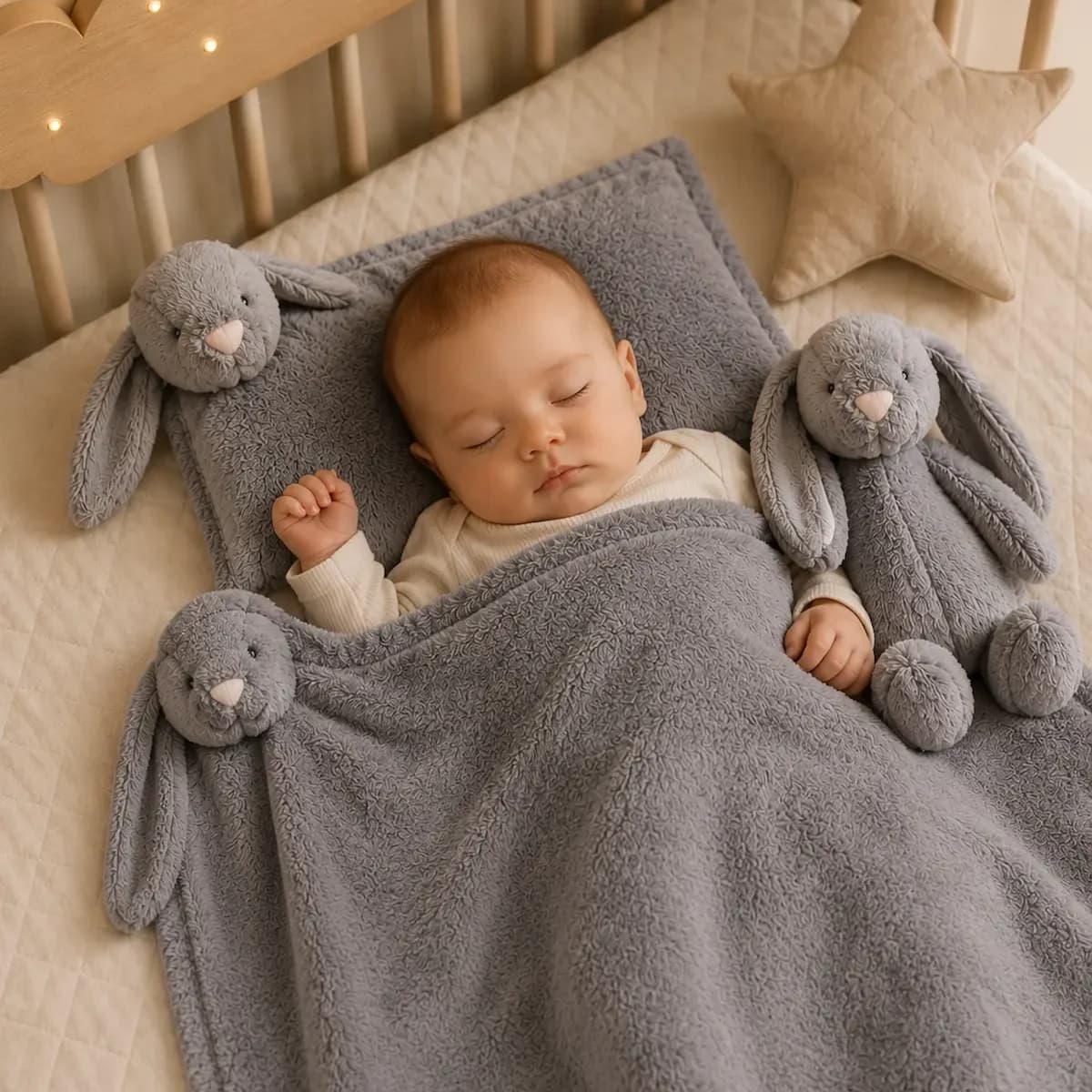 ست پتو و بالشت نوزاد طرح خرگوش Jellycat به همراه عروسک | سایز پتو 80×80 و بالش 27×38 | مناسب سیسمونی و هدیه نوزاد