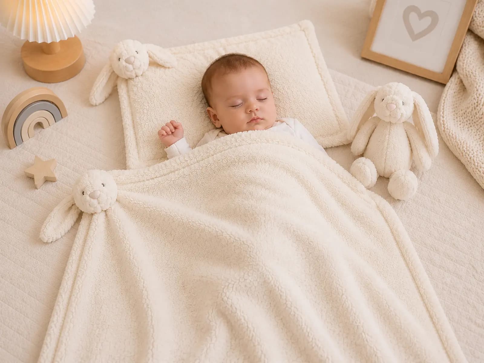 ست پتو و بالشت نوزاد طرح خرگوش Jellycat به همراه عروسک | سایز پتو 80×80 و بالش 27×38 | مناسب سیسمونی و هدیه نوزاد — تصویر ۴