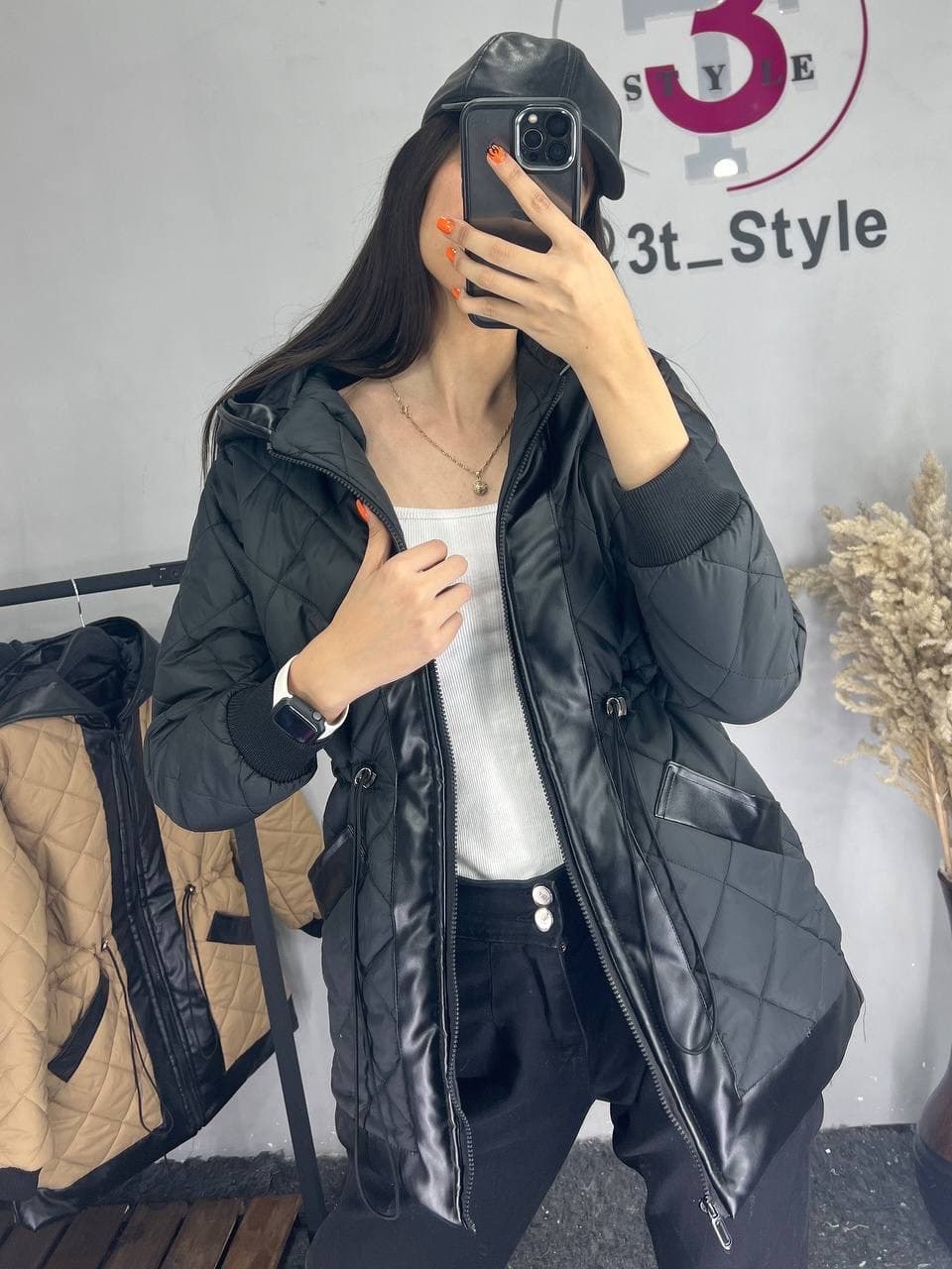 کاپشن زنانه مموری ترکیب با چرم کد ۱۴۶۸ — تصویر ۶
