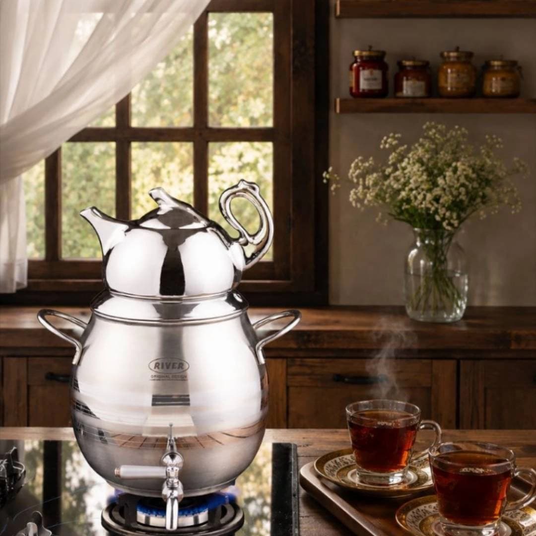کتری و قوری استیل ۶ لیتر ریور شیردار نقره ای کد 205