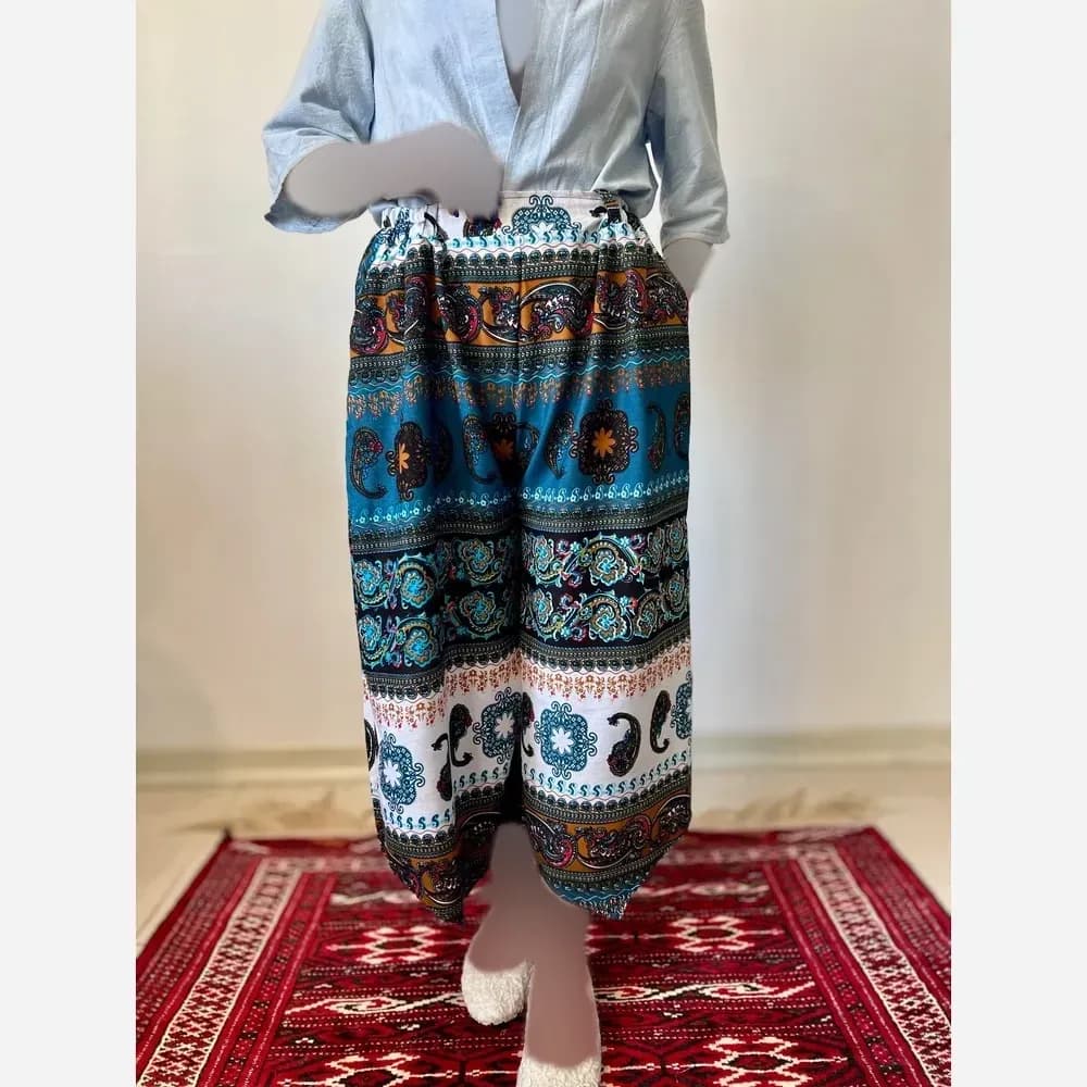 شلوار نخ طرح اندونزی خنک تابستانه فری سایز — تصویر ۴