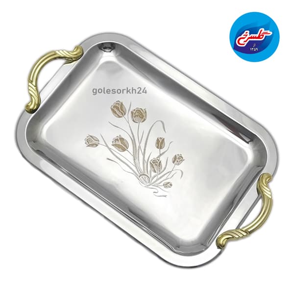 سینی استیل بارولی با دسته طلایی بزرگ — تصویر ۳