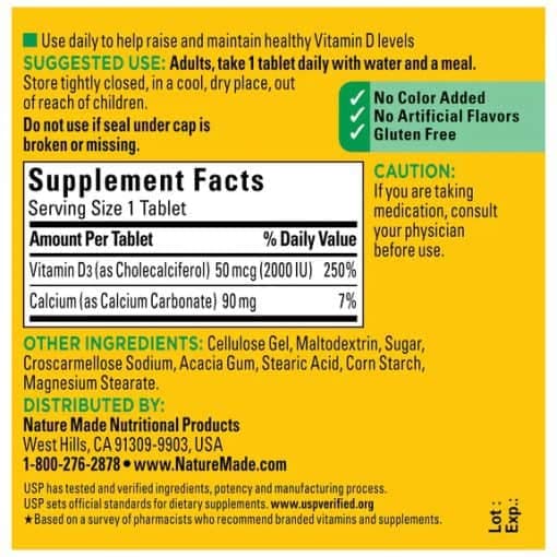 ویتامین د3 50 میکروگرم نیچرمید Vitamin D3 2000 IU (50 mcg) Tablets Nature Made — تصویر ۳