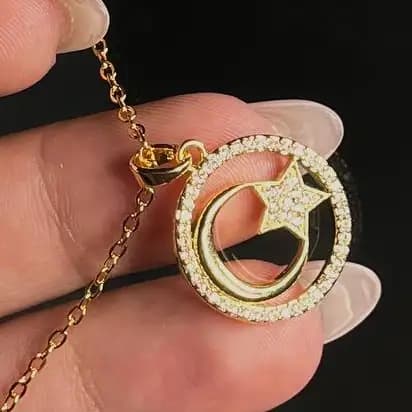 گردنبند و آویز زنانه جواهری طرح حلقه ای ماه و ستاره نگین کاری رنگ طلایی ضد حساسیت رنگ کاملا ثابت کد atk