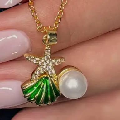 گردنبند و آویز زنانه جواهری طرح آویز ستاره دریایی و صدف و تک مروارید ضد حساسیت رنگ کاملا ثابت کد atk