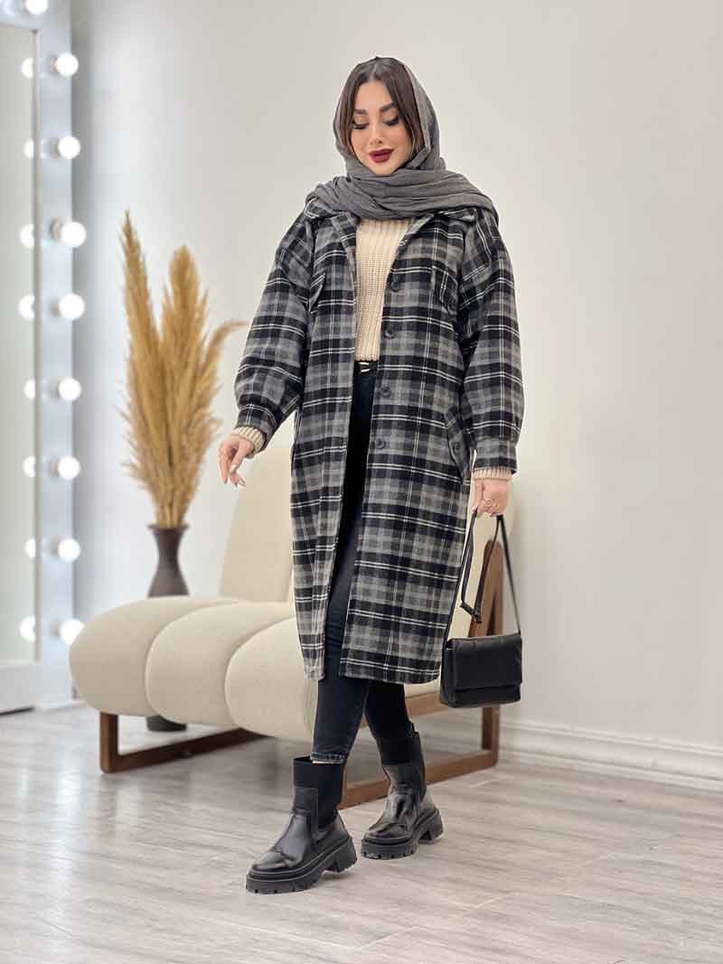 پالتو بلند چهارخونه سر جیب دکمه کد 5674 — تصویر ۶