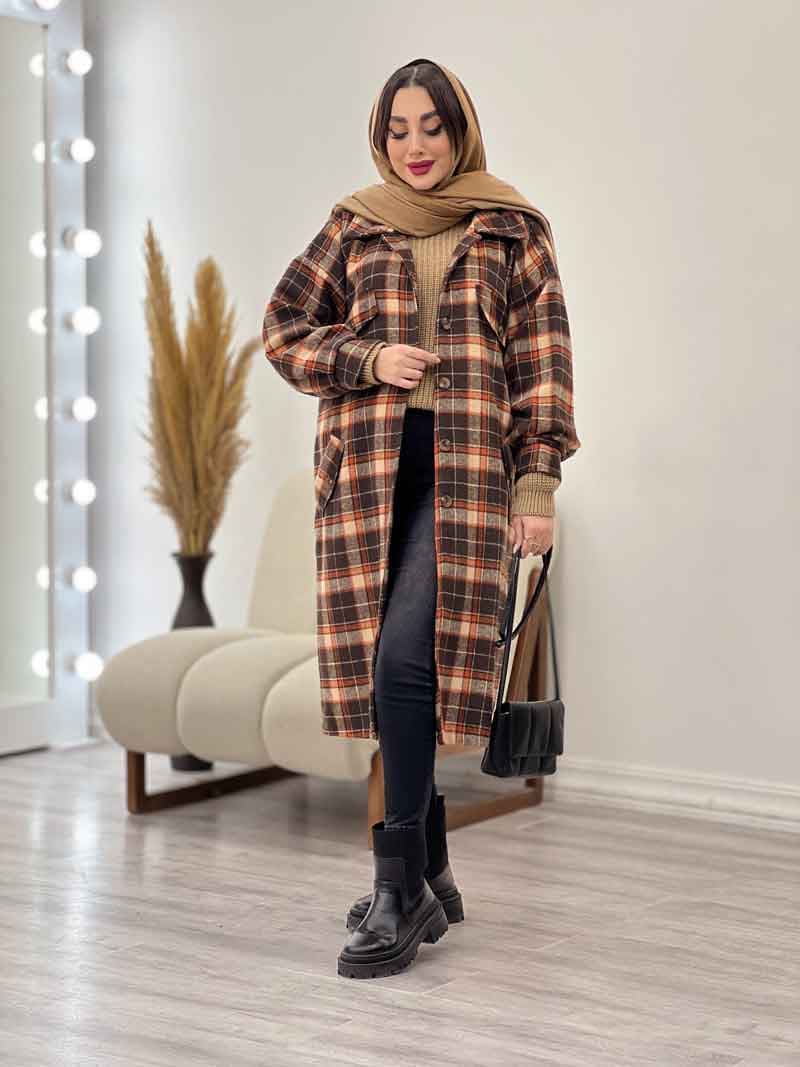 پالتو بلند چهارخونه سر جیب دکمه کد 5674 — تصویر ۷