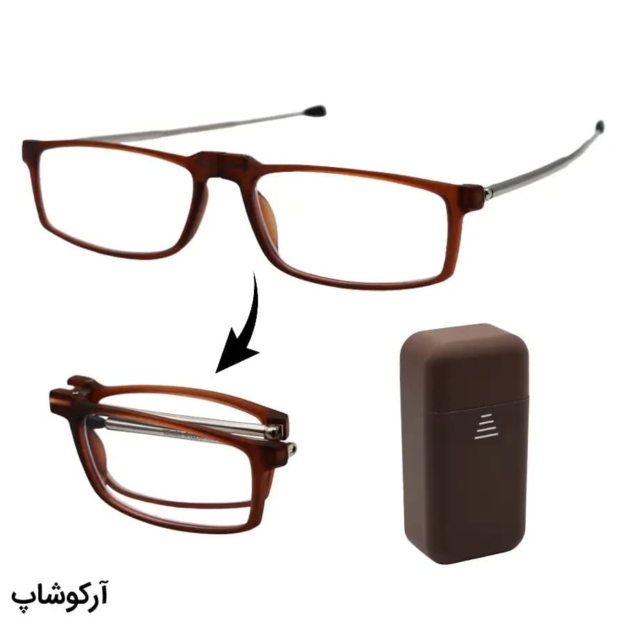 عینک مطالعه تاشو نزدیک بین نمره +1.00 با عدسی بلوکات، رنگ قهوه‌ای و دسته آنتنی و جمع‌شونده مدل TR101