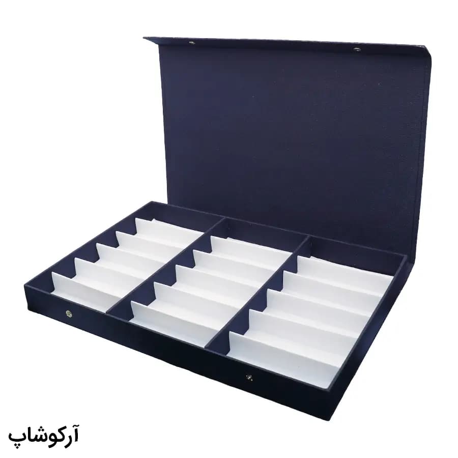 باکس و جعبه 18 تایی عینک طبی با رنگ آبی تیره (سرمهای) و جنس پارچهای اسپان (فایل) مدل 993038