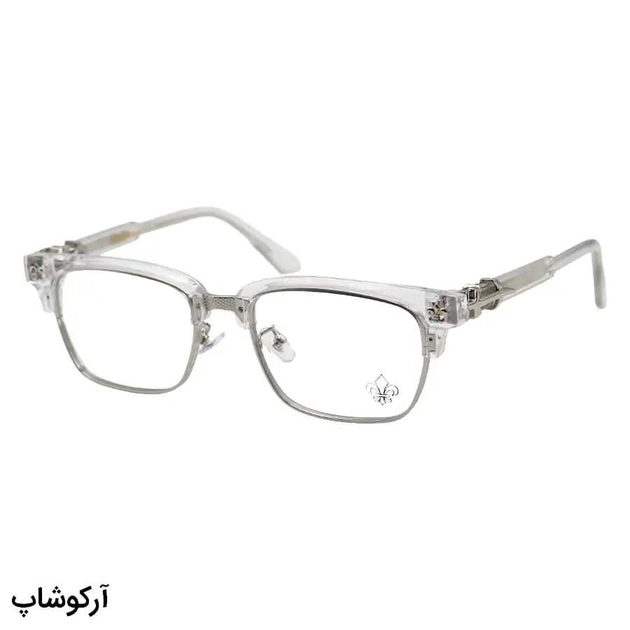 عینک برند کروم هارتز با فریم کلاب مستر، رنگ شفاف و نقرهای، دسته سیمدار و لنز بلوکات مدل 8010