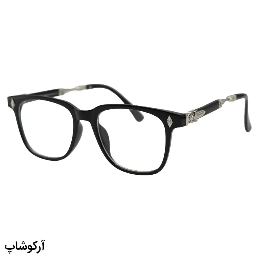 عینک Chrome Hearts با فریم مربعی شکل، رنگ مشکی براق و لنز بیرنگ (شفاف) و بلوکات مدل 2272
