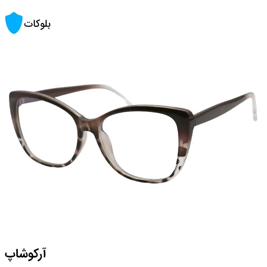 عینک زنانه با فریم قهوه‌ای رنگ، شکل چشم گربه‌ای، از جنس کائوچو و لنز بلوکات مدل 20388