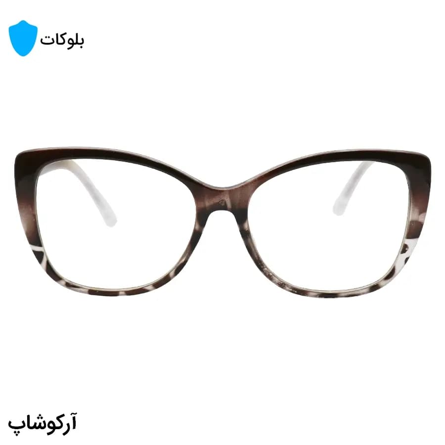 عینک زنانه با فریم قهوه‌ای رنگ، شکل چشم گربه‌ای، از جنس کائوچو و لنز بلوکات مدل 20388 — تصویر ۳