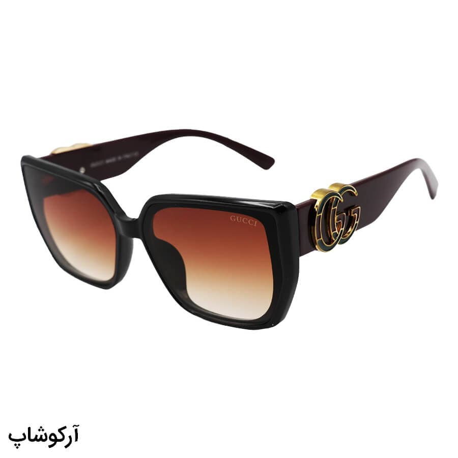 عینک آفتابی GUCCI با فریم مشکی رنگ، پروانه ای شکل، دسته زرشکی و لنز قهوه ای مدل M9055