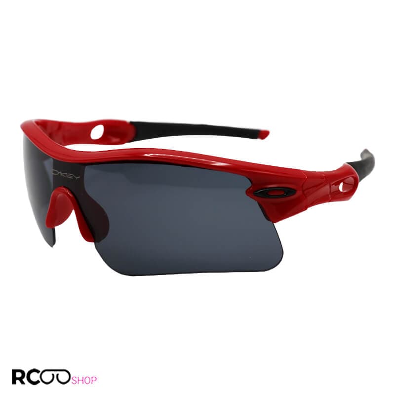 عینک ورزشی اوکلی OAKLEY نیم فریم و قرمز رنگ با عدسی دودی تیره مدل 9164