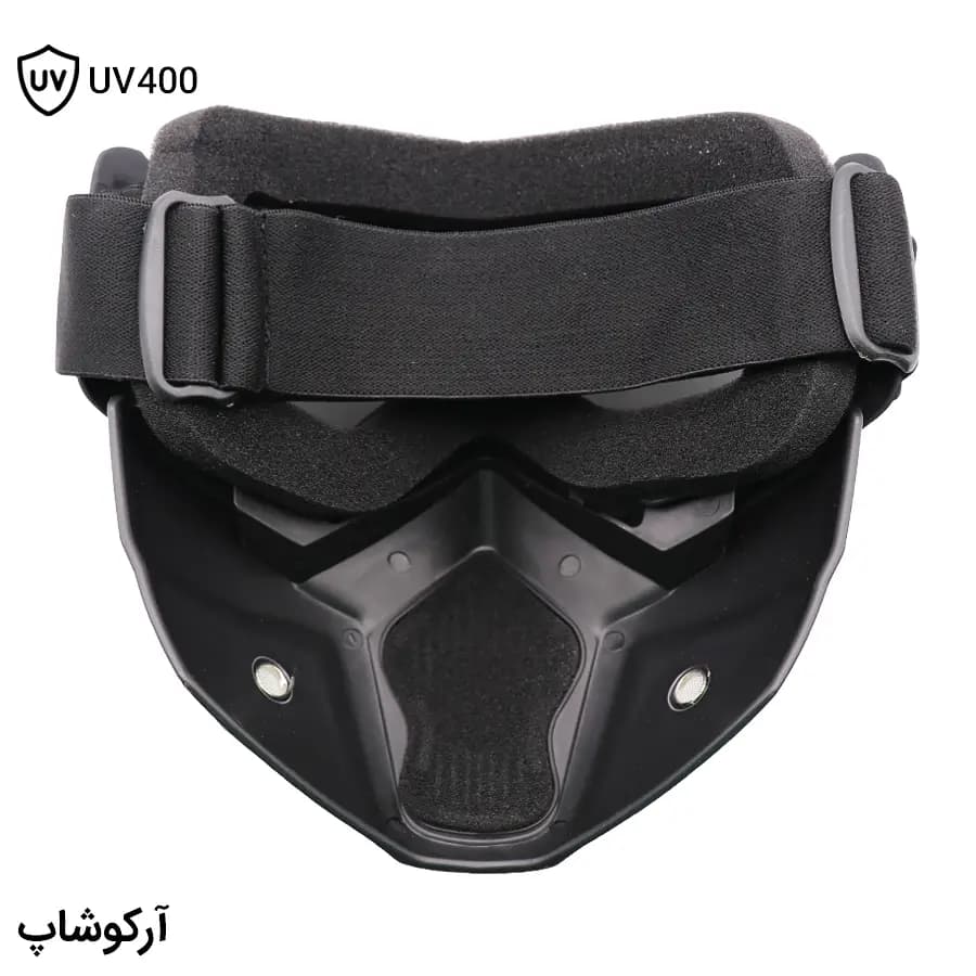 عینک موتور سواری با لنز دودی، فریم مشکی رنگ، بند کشی و تمام فیس (طرح نقاب) مدل 993055 — تصویر ۵