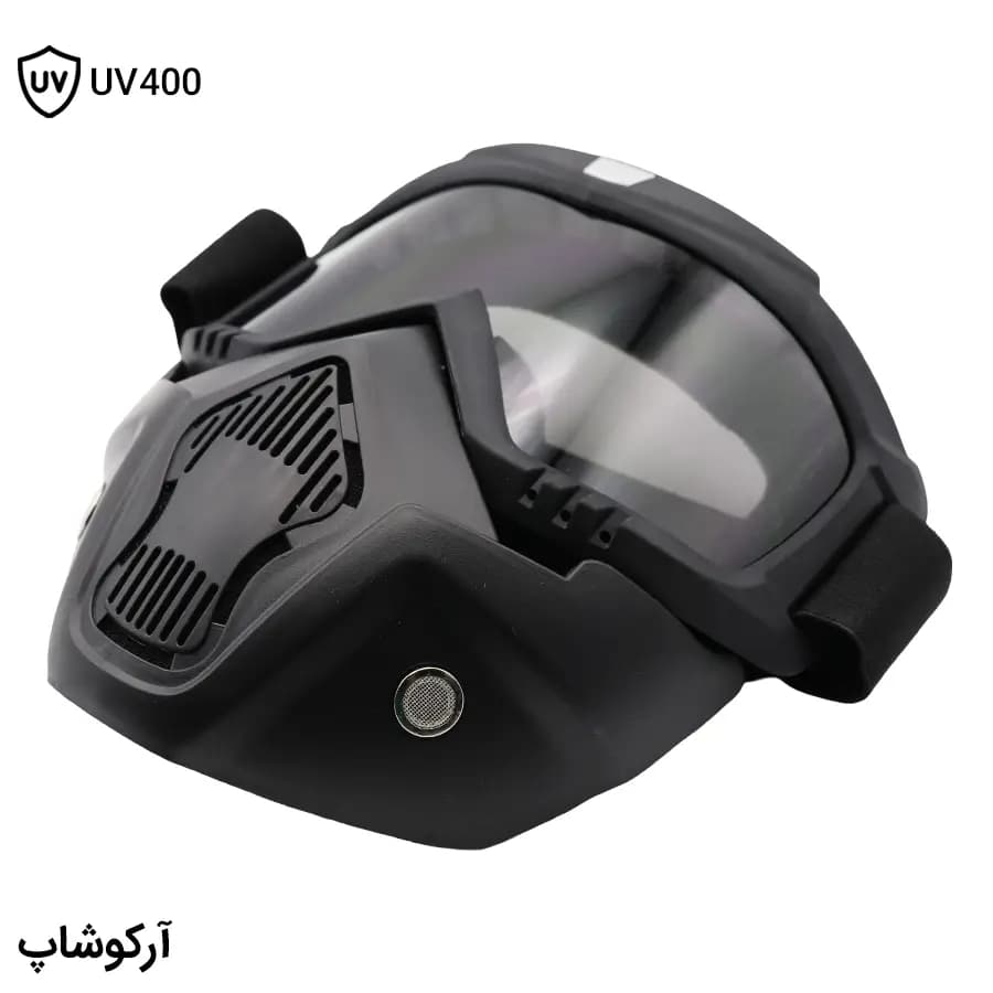 عینک موتور سواری با لنز دودی، فریم مشکی رنگ، بند کشی و تمام فیس (طرح نقاب) مدل 993055 — تصویر ۳