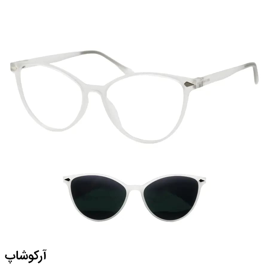 عینک طبی زنانه تک کاوره Prada با فریم رنگ سفید مات (یخی)، شکل چشم گربه‌ای و کاور دودی تیره و پلاریزه مدل 7705