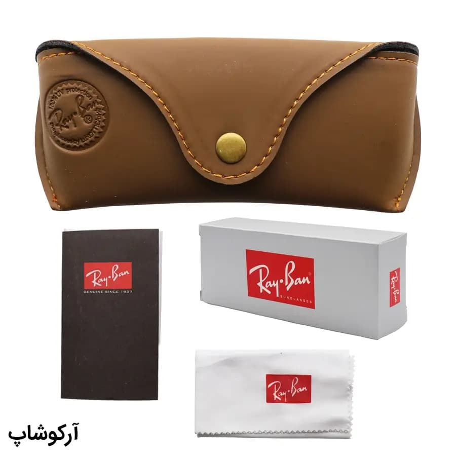 پک عینک برند ریبن (Ray-Ban) با تمام تجهیزات و قاب قهوه‌ای رنگ و چرمی مدل 993029