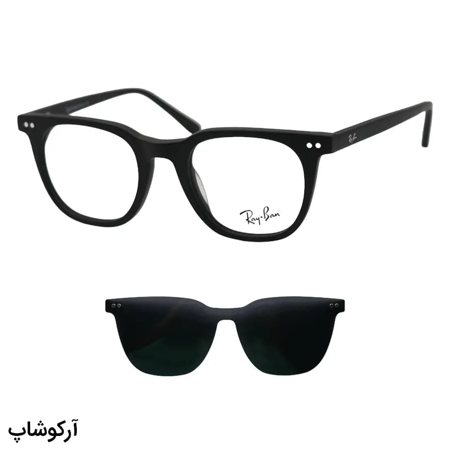 عینک طبی تک کاوره Ray-Ban با فریم رنگ مشکی مات، شکل مربعی، لولا فنردار و کاور دودی تیره و پلاریزه مدل OLD008A