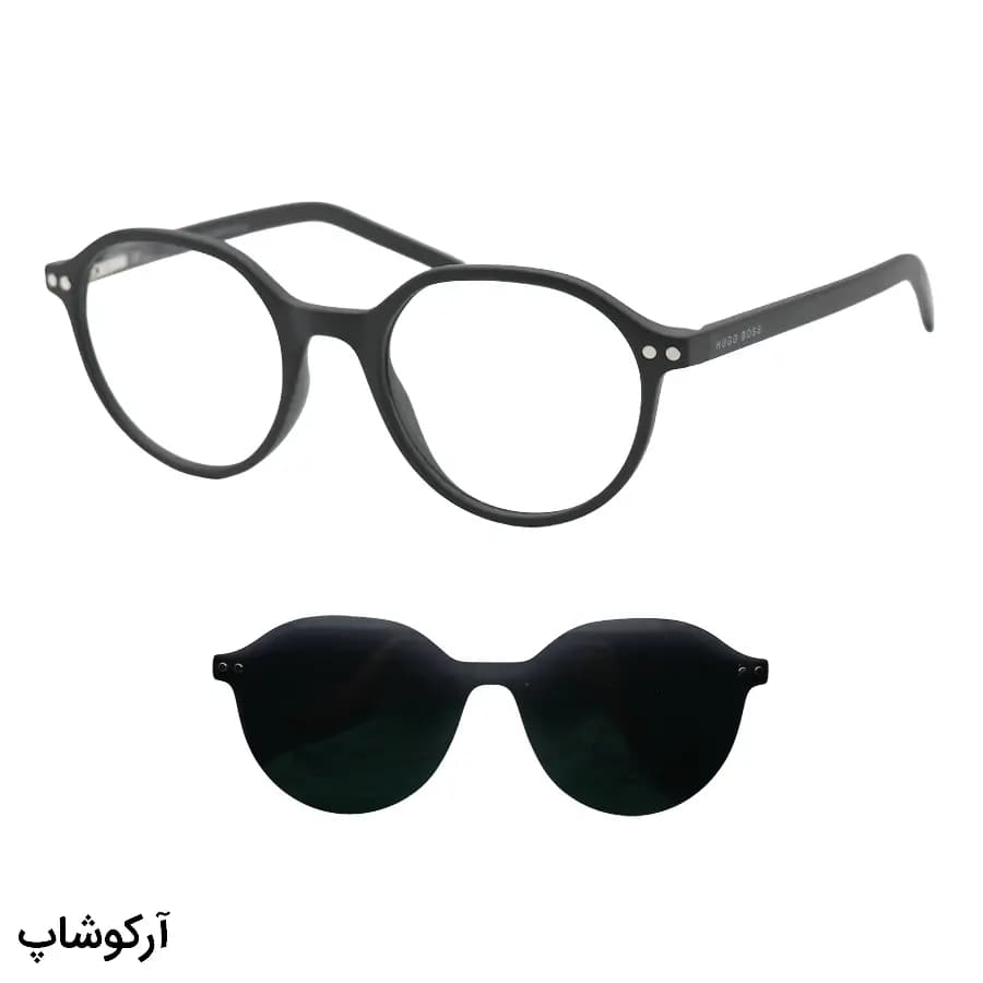 عینک طبی تک کاوره HUGO BOSS با فریم رنگ طوسی مات، شکل گرد، لولا فنردار و کاور دودی تیره و پلاریزه مدل OLD6134S