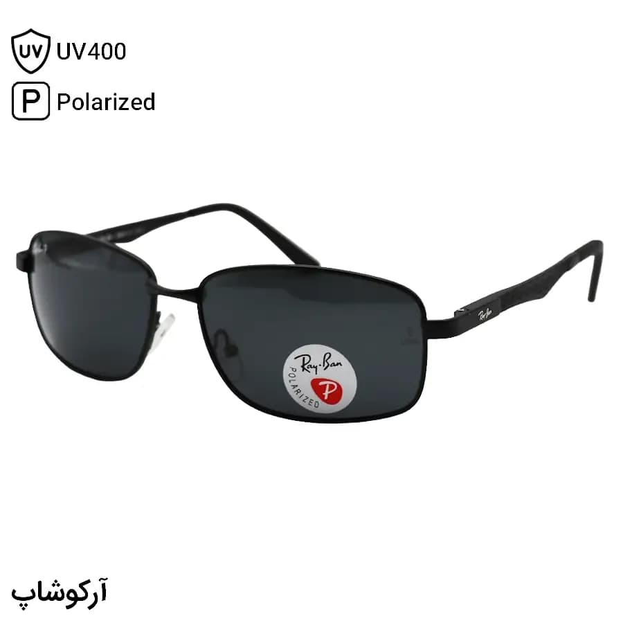 عینک آفتابی Ray-Ban با فریم مستطیلی شکل، مشکی رنگ، لنز پلاریزه و دودی تیره مدل P2970