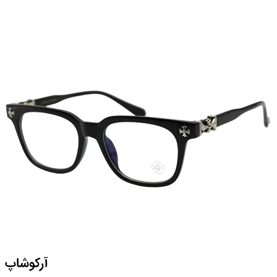 عینک Chrome Hearts با فریم مستطیلی شکل، رنگ مشکی براق و لنز بی‌رنگ و قابل تعویض مدل 2273