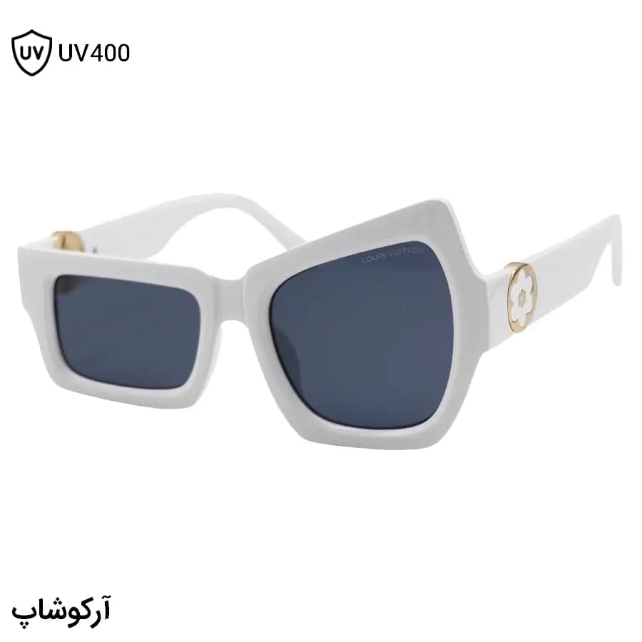 عینک آفتابی LOUIS VUITTON با فریم فانتزی و خاص، رنگ سفید براق و عدسی دودی تیره مدل 96009