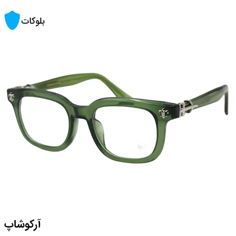 عینک برند کروم هارتز با فریم مستطیلی شکل، رنگ سبز و نقره‌ای، دسته سیم‌دار و لنز بلوکات مدل 9203