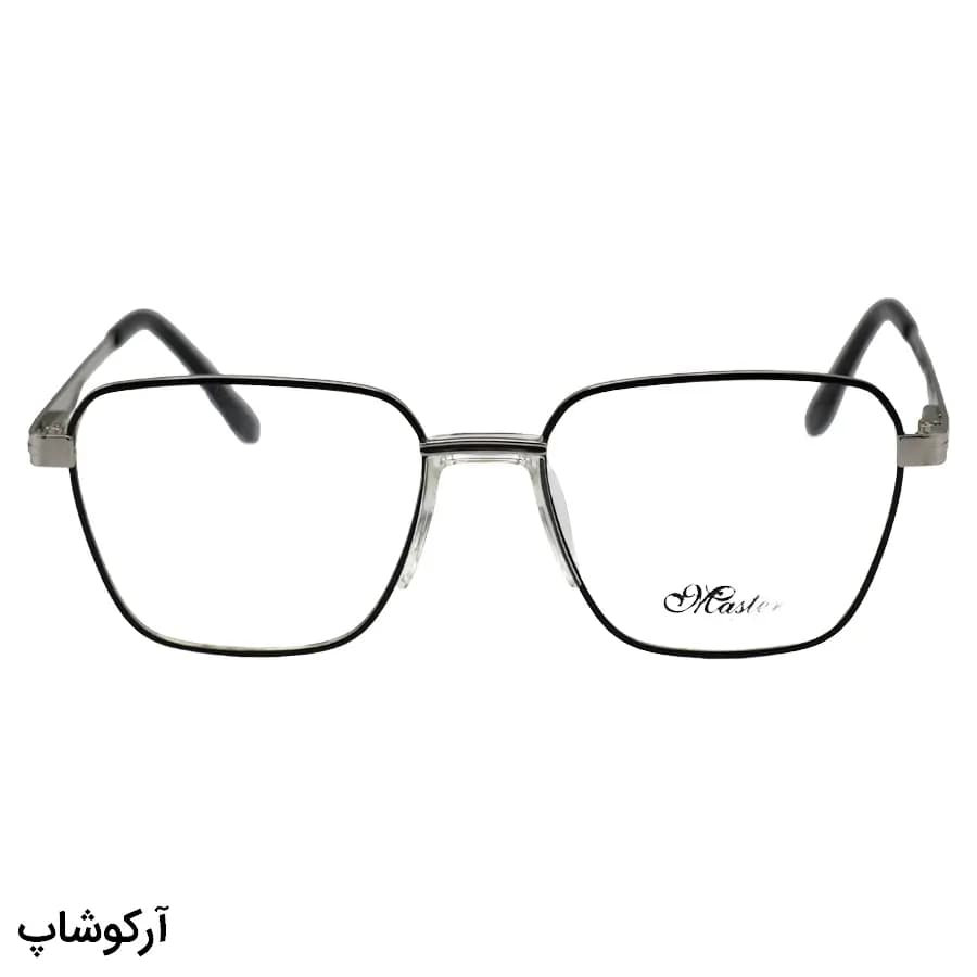 فریم عینک طبی با فریم رنگ نقره‌ای و مشکی، شکل چندضلعی، از جنس فلزی و لولا فنردار مدل 2205 — تصویر ۳
