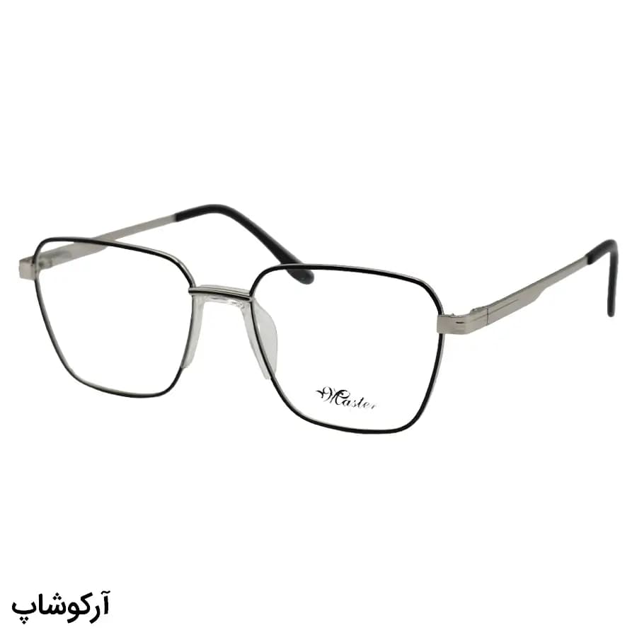 فریم عینک طبی با فریم رنگ نقرهای و مشکی، شکل چندضلعی، از جنس فلزی و لولا فنردار مدل 2205
