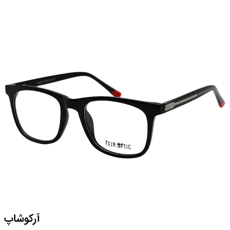 فریم عینک طبی با فریم رنگ مشکی براق، شکل مربعی، از جنس استات و دسته سیم‌دار و لولا فنردار مدل 250609