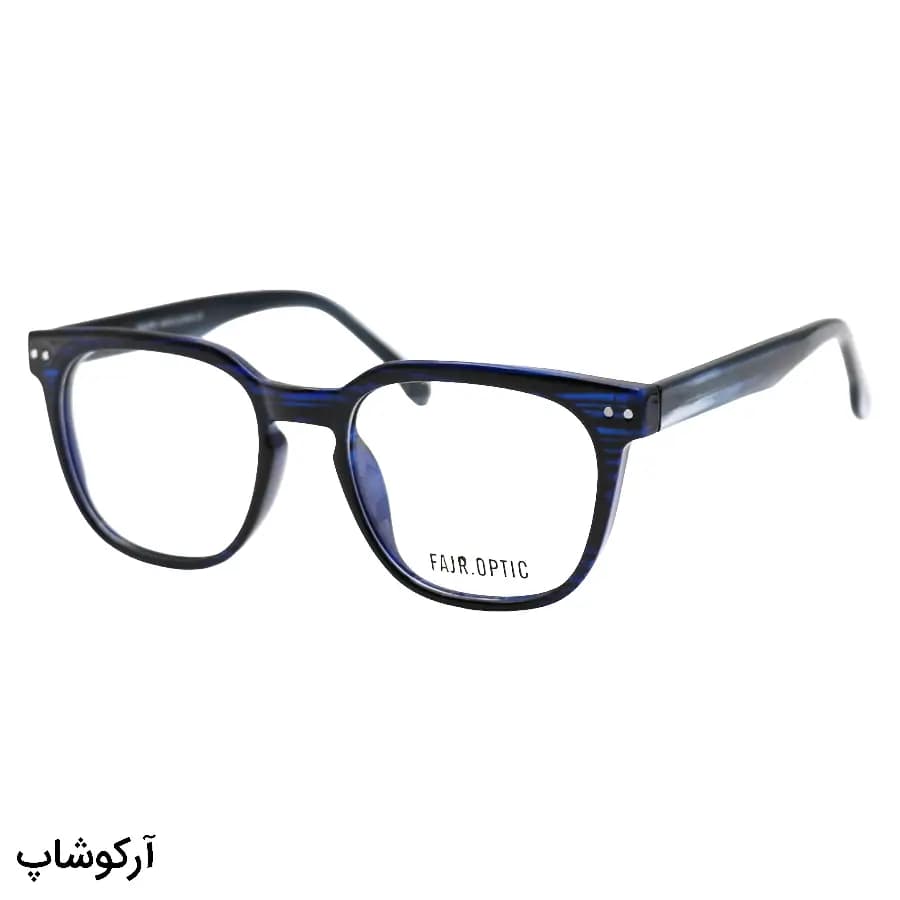 فریم عینک طبی با فریم رنگ سرمه‌ای تیره، شکل مربعی، از جنس استات و دسته سیم‌دار و لولا فنردار مدل 250604