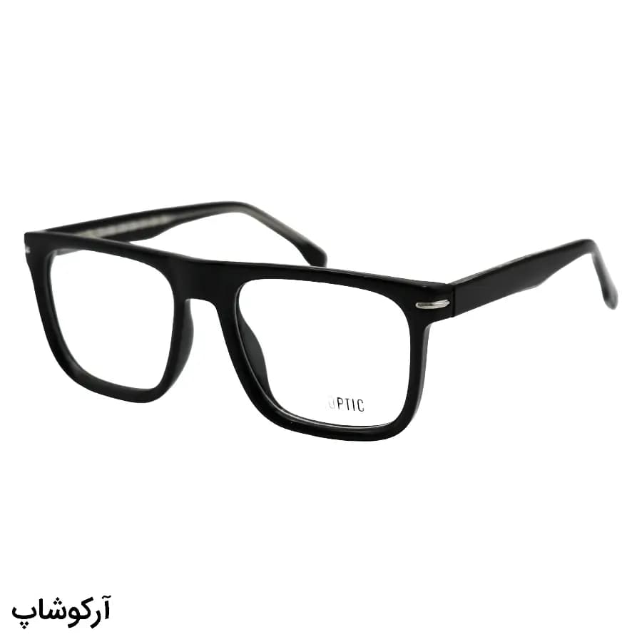 فریم عینک طبی با فریم رنگ مشکی براق، شکل مربعی، از جنس استات و دسته سیم‌دار و لولا فنردار مدل 250615