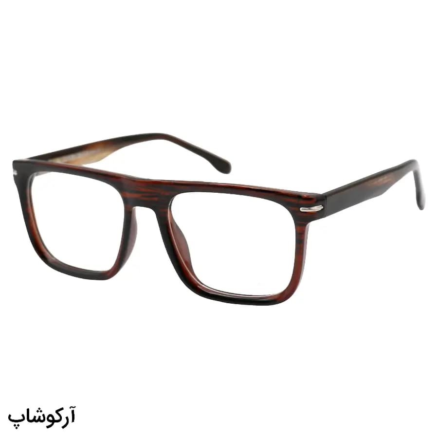 فریم عینک طبی با فریم رنگ قهوه‌ای، شکل مربعی، از جنس استات و دسته سیم‌دار و لولا فنردار مدل 250615