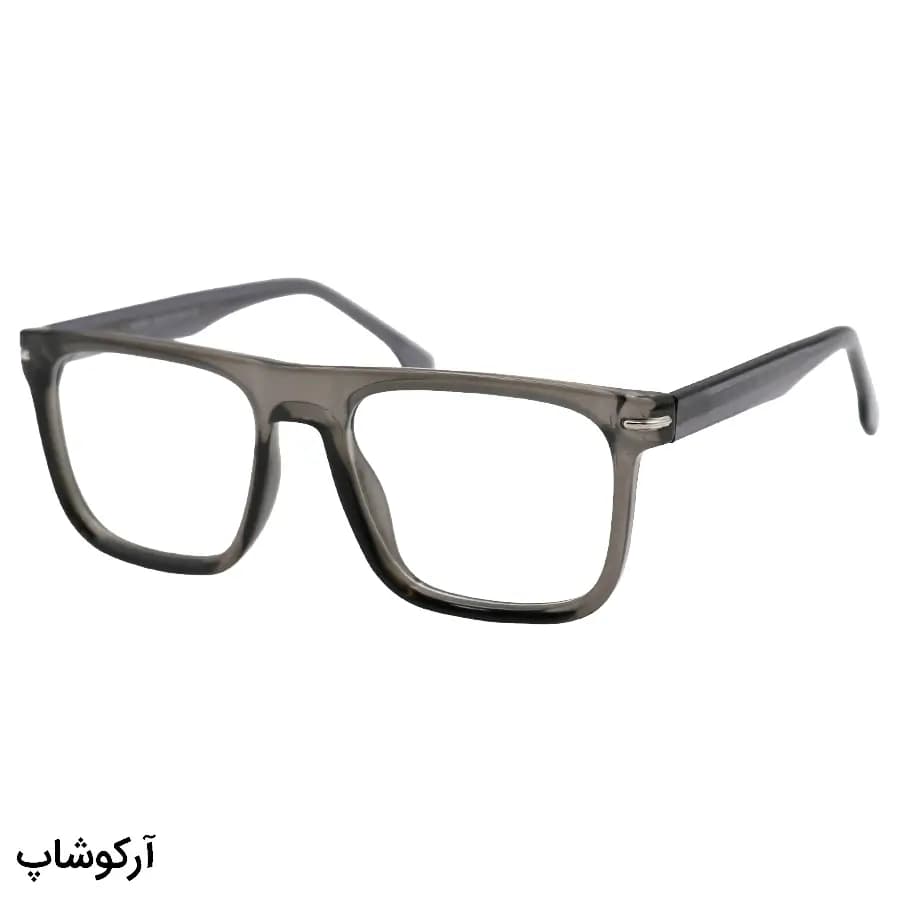 فریم عینک طبی با فریم رنگ طوسی، شکل مربعی، از جنس استات و دسته سیم‌دار و لولا فنردار مدل 250615