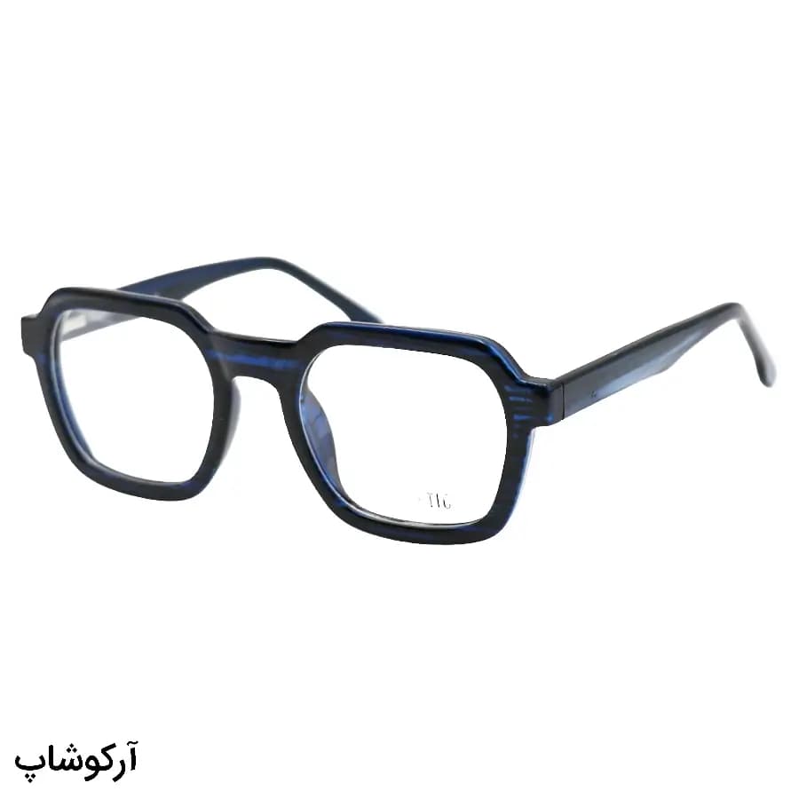 فریم عینک طبی با فریم رنگ آبی تیره، شکل مربعی، از جنس استات و دسته سیم‌دار و لولا فنردار مدل 250610