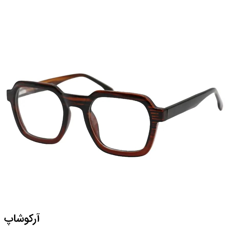 فریم عینک طبی با فریم رنگ قهوه‌ای، شکل مربعی، از جنس استات و دسته سیم‌دار و لولا فنردار مدل 250610