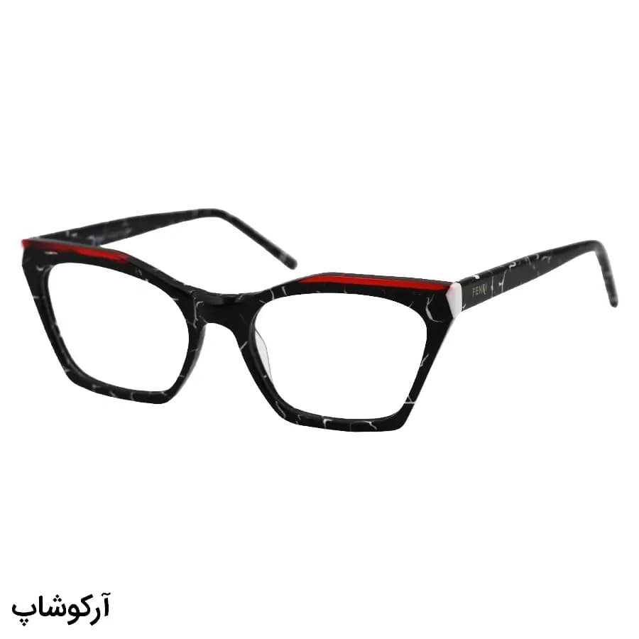 عینک طبی زنانه فندی با فریم رنگ مشکی و قرمز، شکل چشم گربه‌ای، از جنس استات و دسته سیم‌دار و لولا فنردار مدل XL6028